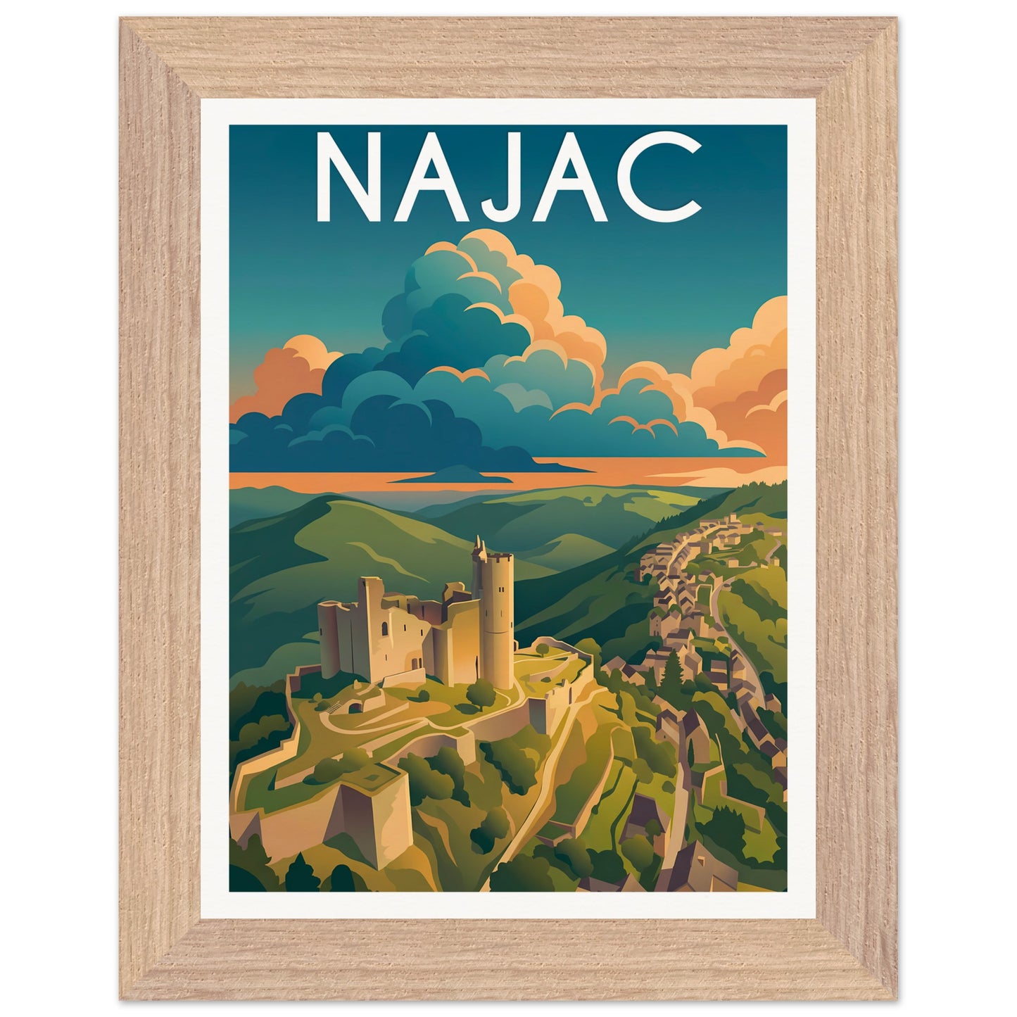 Affiche Najac - Encadrée, cadre bois 15x20 cm