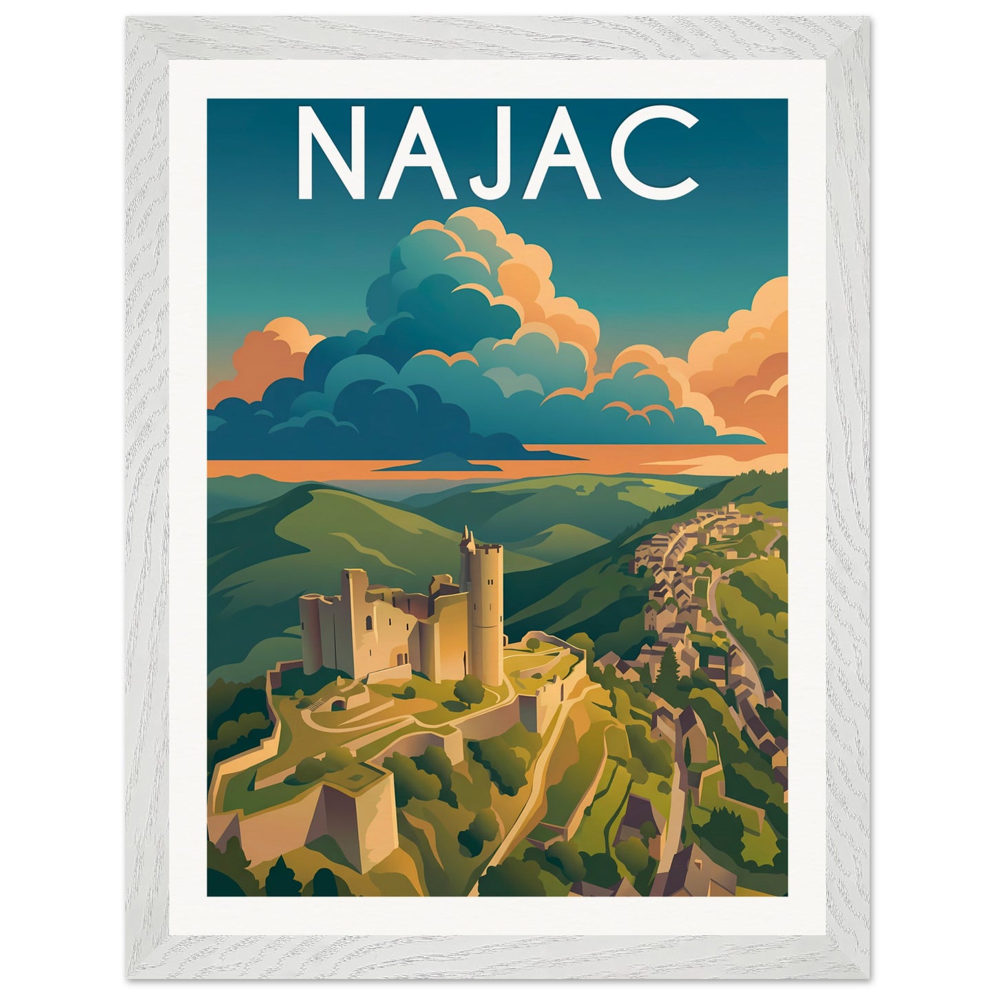 Affiche Najac - Encadrée, cadre blanc 30x40 cm