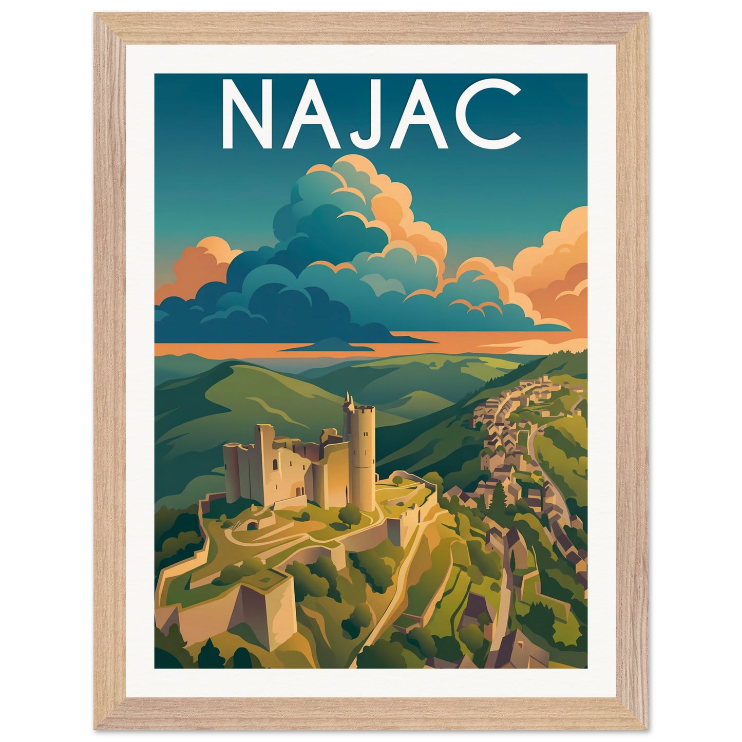 Affiche Najac - Encadrée, cadre bois 30x40 cm