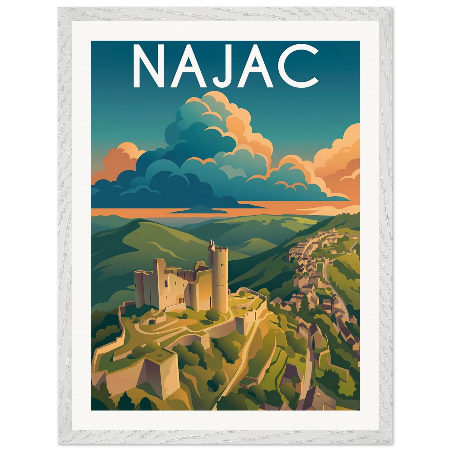 Affiche Najac - Encadrée, cadre blanc 45x60 cm