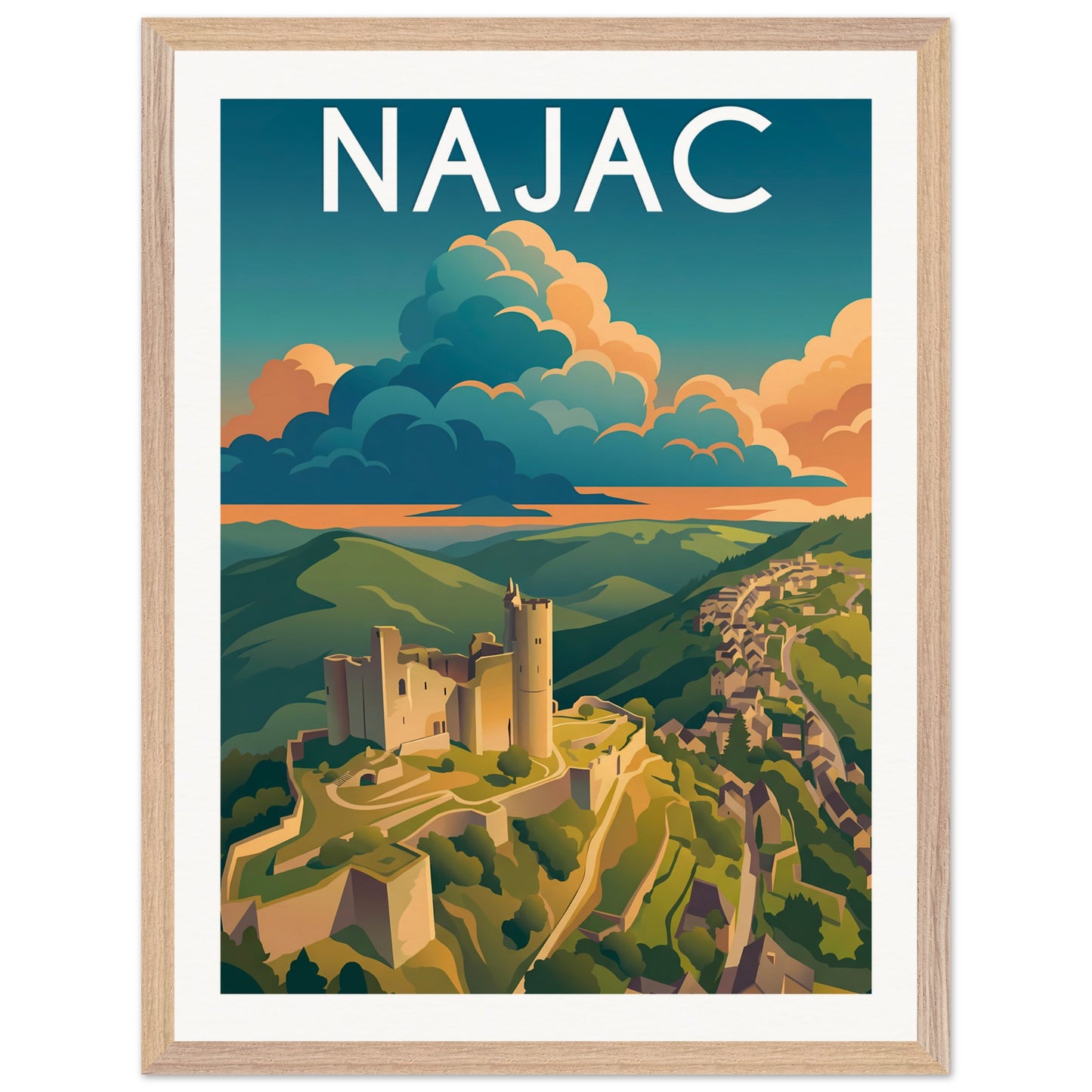 Affiche Najac - Encadrée, cadre bois 45x60 cm