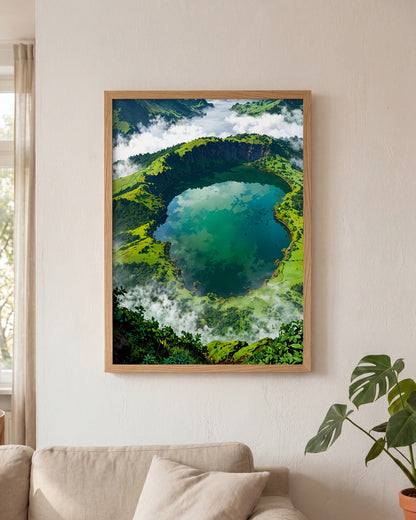 Affiche Paysage des Açores Encadrée, mockup en situation dans un interieur, Muchimura