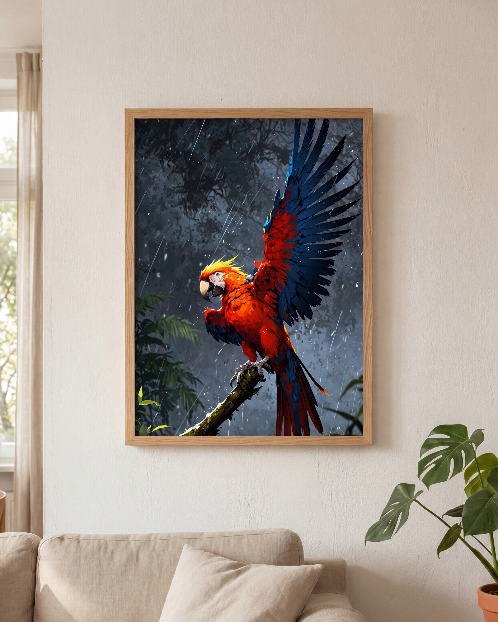 Affiche Perroquet ara rouge Encadrée, mockup en situation dans un interieur, Muchimura