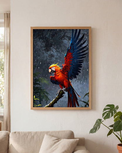 Affiche Perroquet ara rouge Encadrée, mockup en situation dans un interieur, Muchimura
