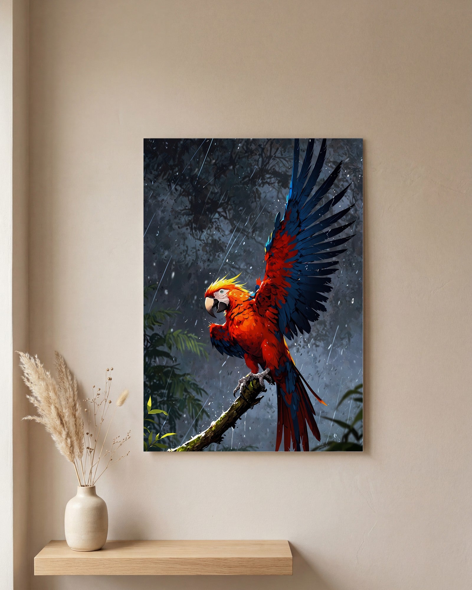 Affiche Perroquet ara rouge, mockup sur un mur epure, Muchimura