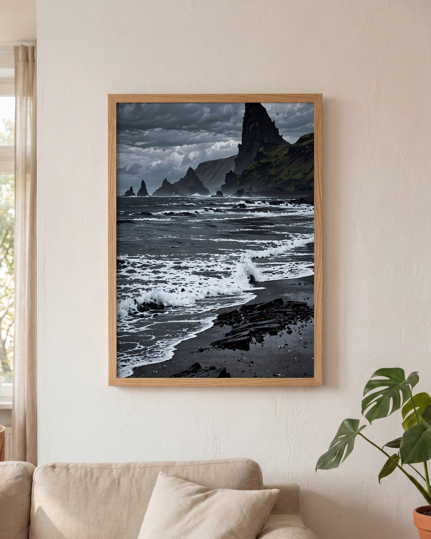 Affiche Plage de sable noir Encadrée, mockup en situation dans un interieur, Muchimura