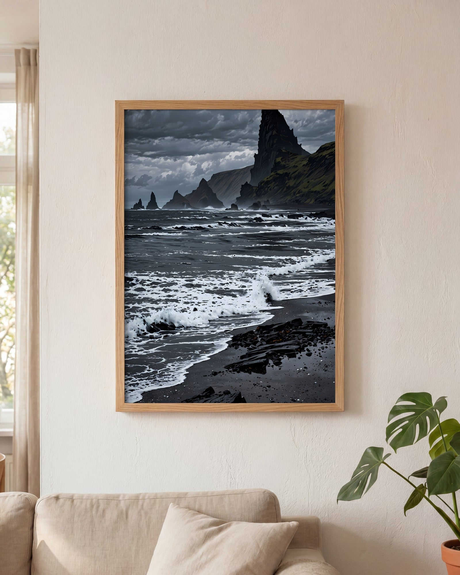 Affiche Plage de sable noir Encadrée, mockup en situation dans un interieur, Muchimura