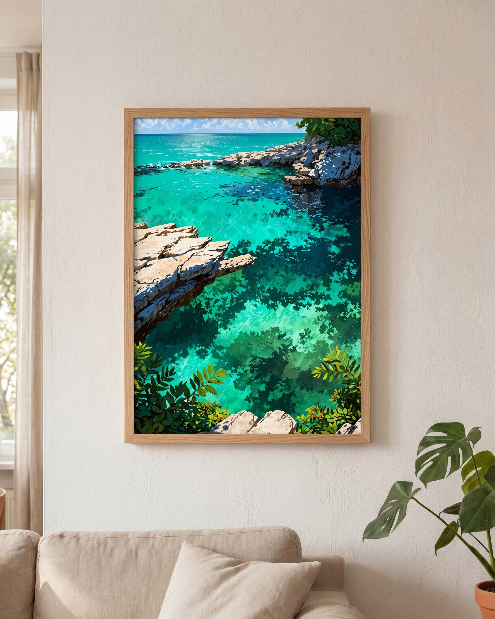 Affiche Plage Sauvage du Yucatán Encadrée, mockup en situation dans un interieur, Muchimura