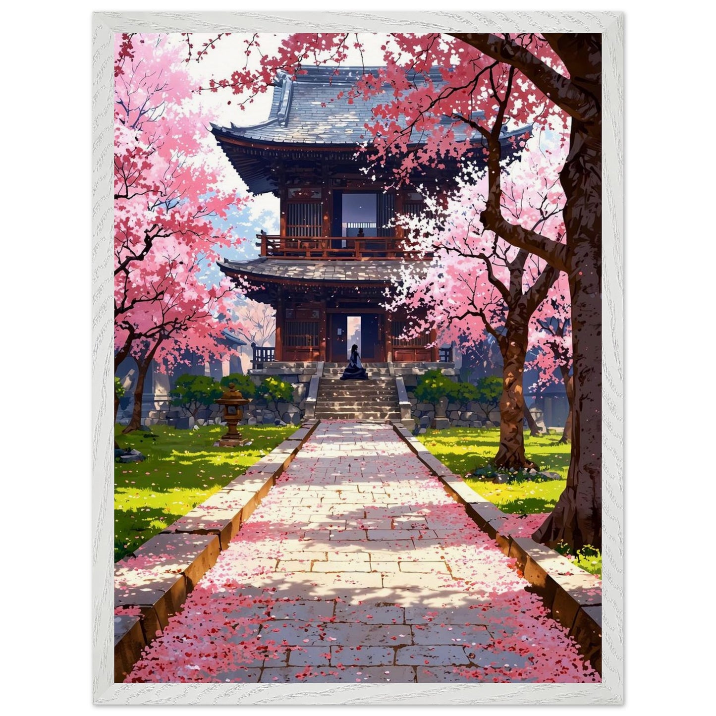 Affiche Prairie de fleurs de cerisier tombées Encadrée, cadre blanc 45x60 cm