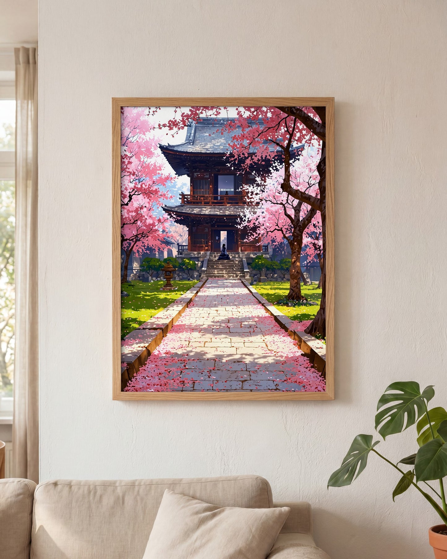 Affiche Prairie de fleurs de cerisier tombées Encadrée, mockup en situation dans un interieur, Muchimura