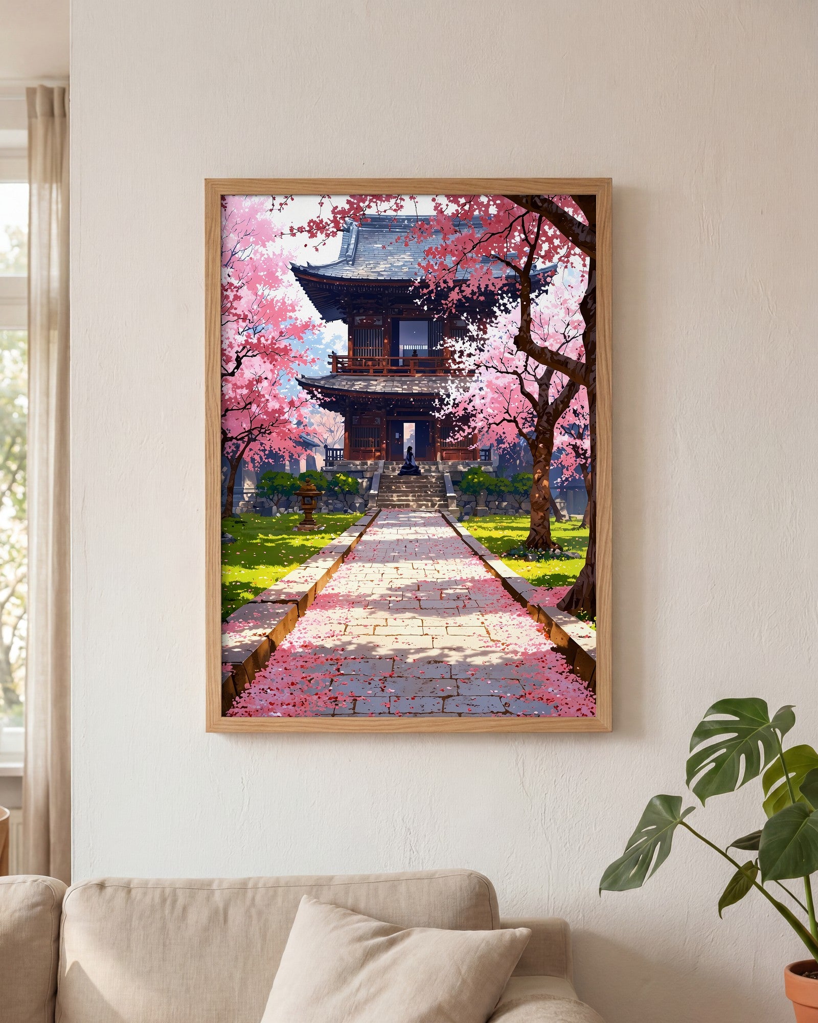 Affiche Prairie de fleurs de cerisier tombées Encadrée, mockup en situation dans un interieur, Muchimura