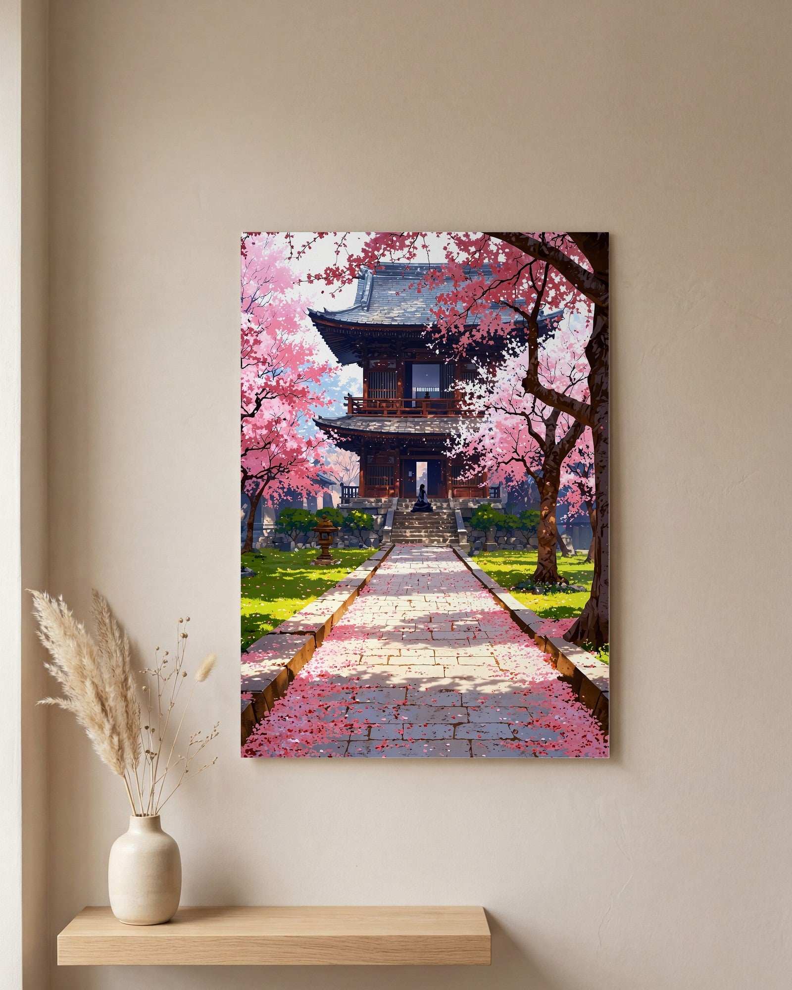 Affiche Prairie de Fleurs de Cerisier Tombées, mockup sur un mur epure, Muchimura