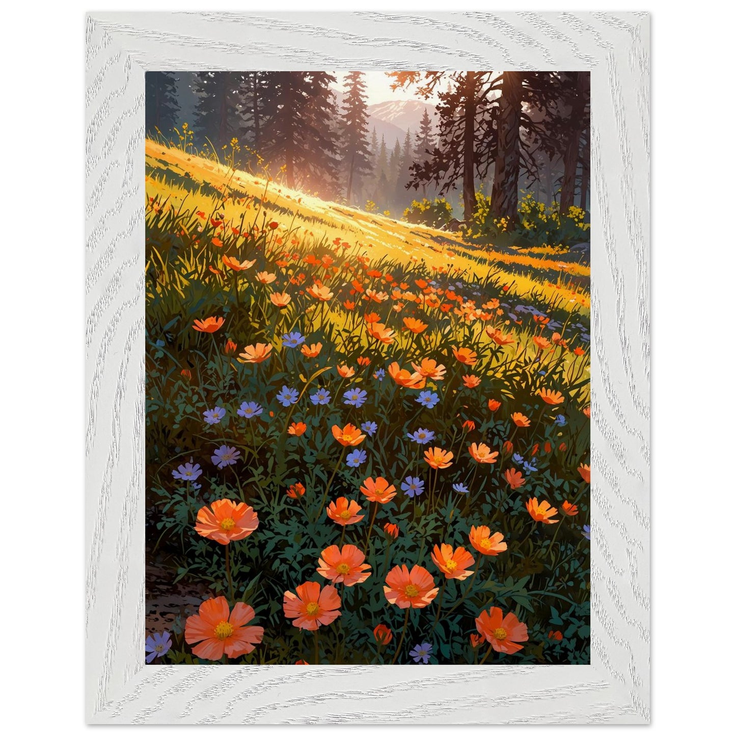 Affiche Prairie de Renoncules Orangées Encadrée, cadre blanc 15x20 cm