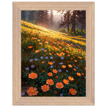 Affiche Prairie de Renoncules Orangées Encadrée, cadre bois 15x20 cm