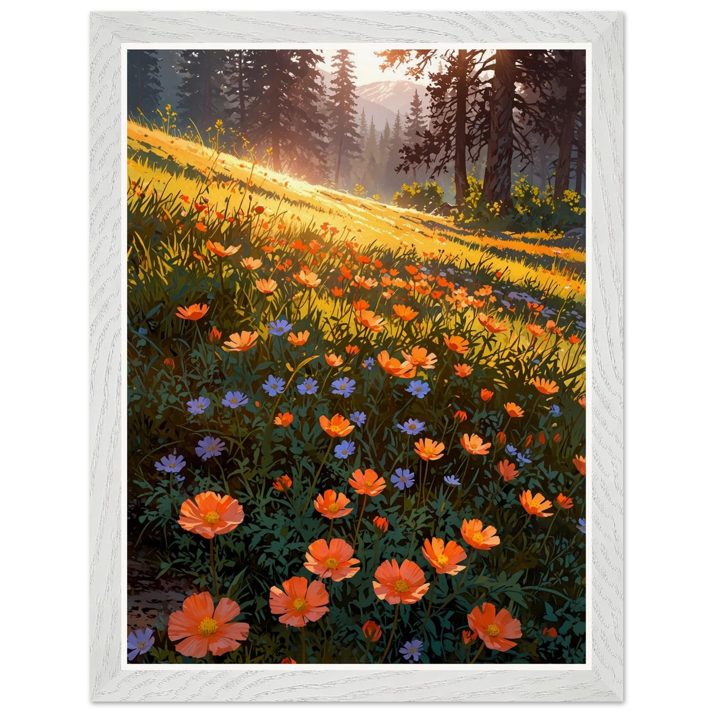 Affiche Prairie de Renoncules Orangées Encadrée, cadre blanc 30x40 cm