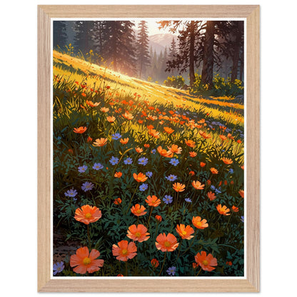 Affiche Prairie de Renoncules Orangées Encadrée, cadre bois 30x40 cm