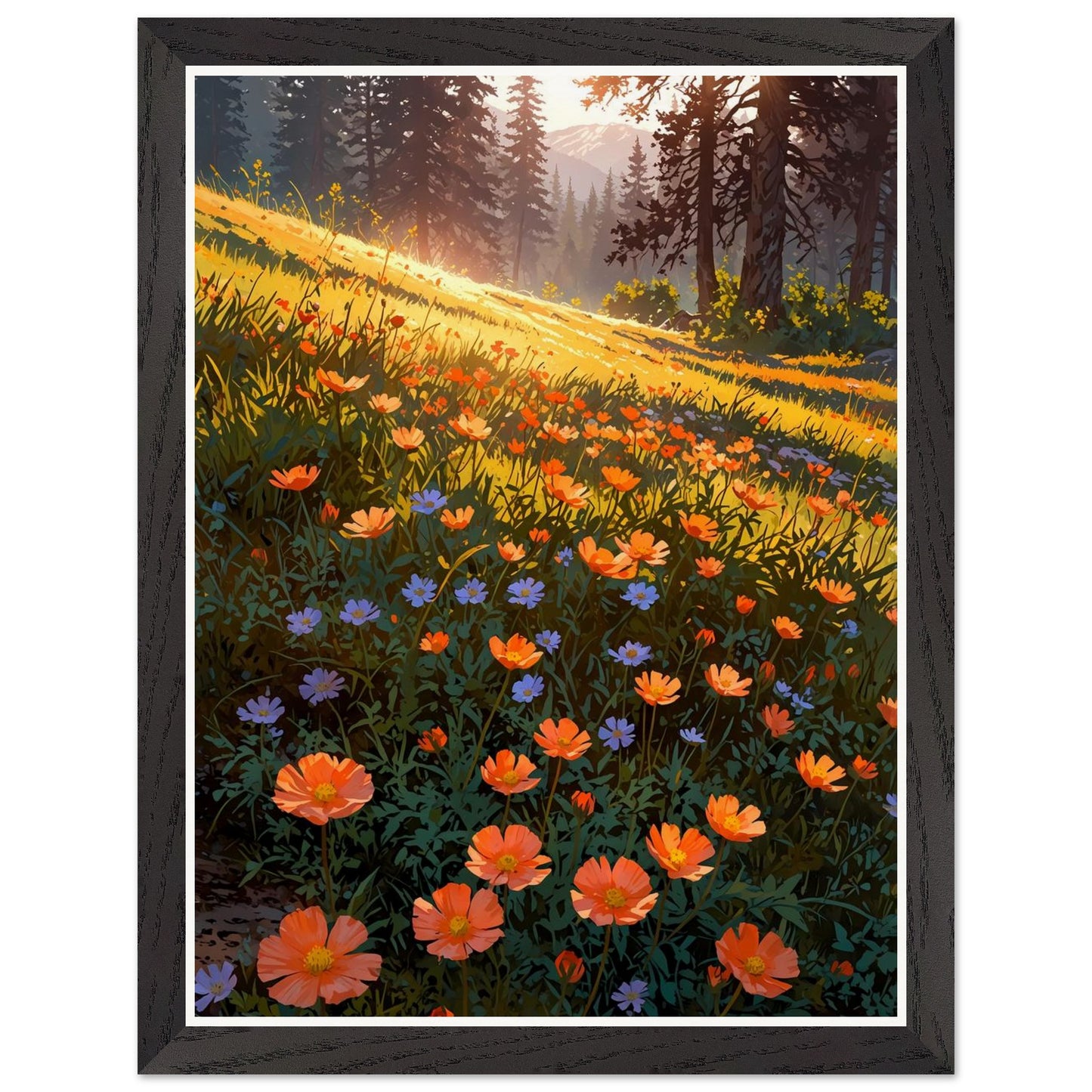 Affiche Prairie de Renoncules Orangées Encadrée, cadre noir 30x40 cm