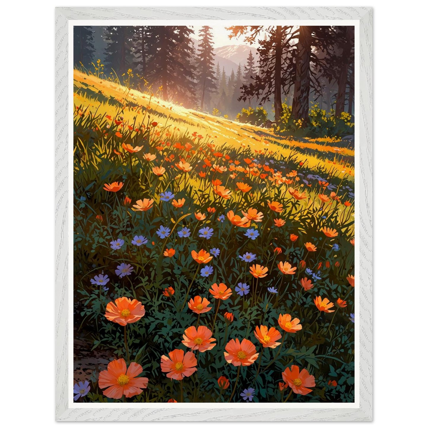 Affiche Prairie de Renoncules Orangées Encadrée, cadre blanc 45x60 cm