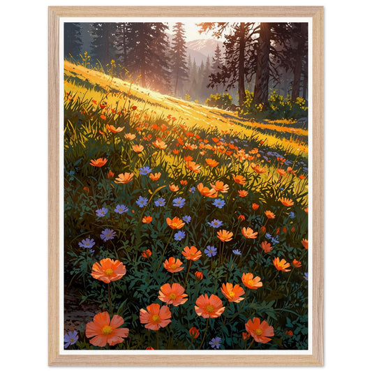 Affiche Prairie de Renoncules Orangées Encadrée, cadre bois 45x60 cm