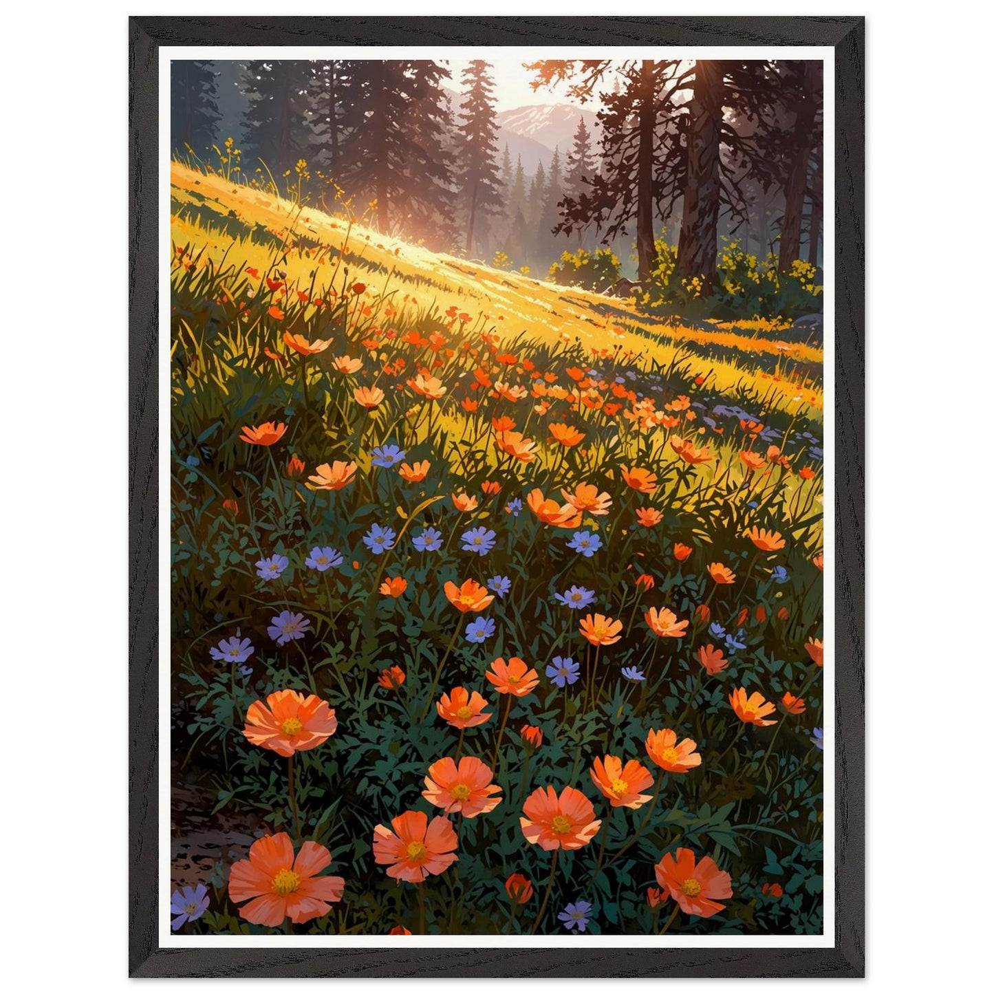 Affiche Prairie de Renoncules Orangées Encadrée, cadre noir 45x60 cm