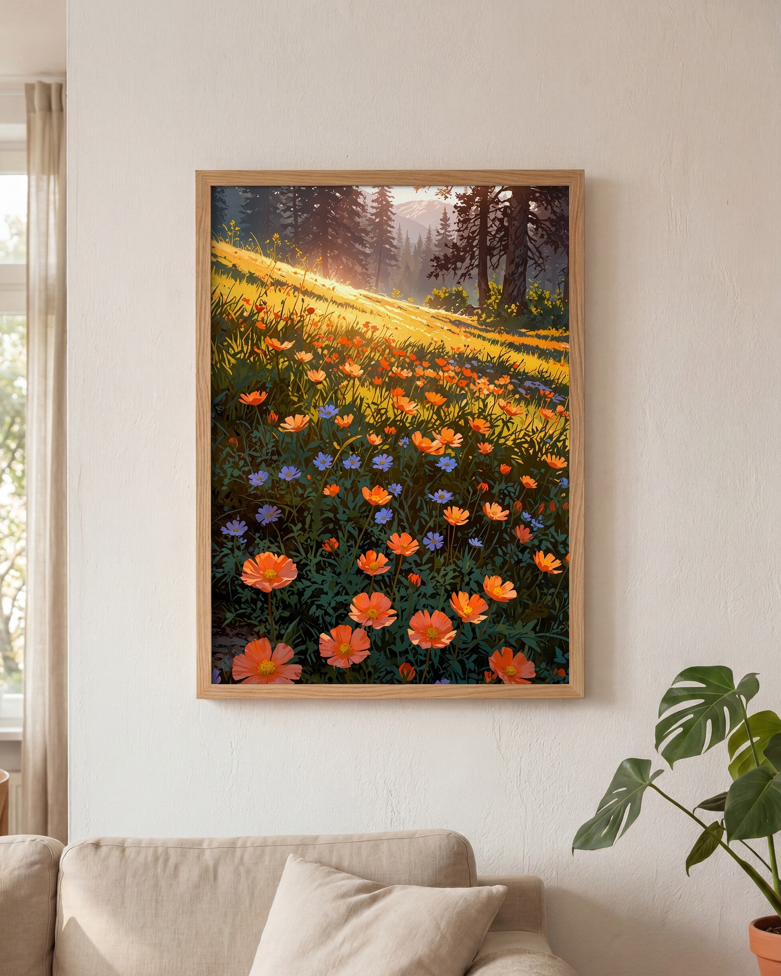 Affiche Prairie de Renoncules Orangées Encadrée, mockup en situation dans un interieur, Muchimura