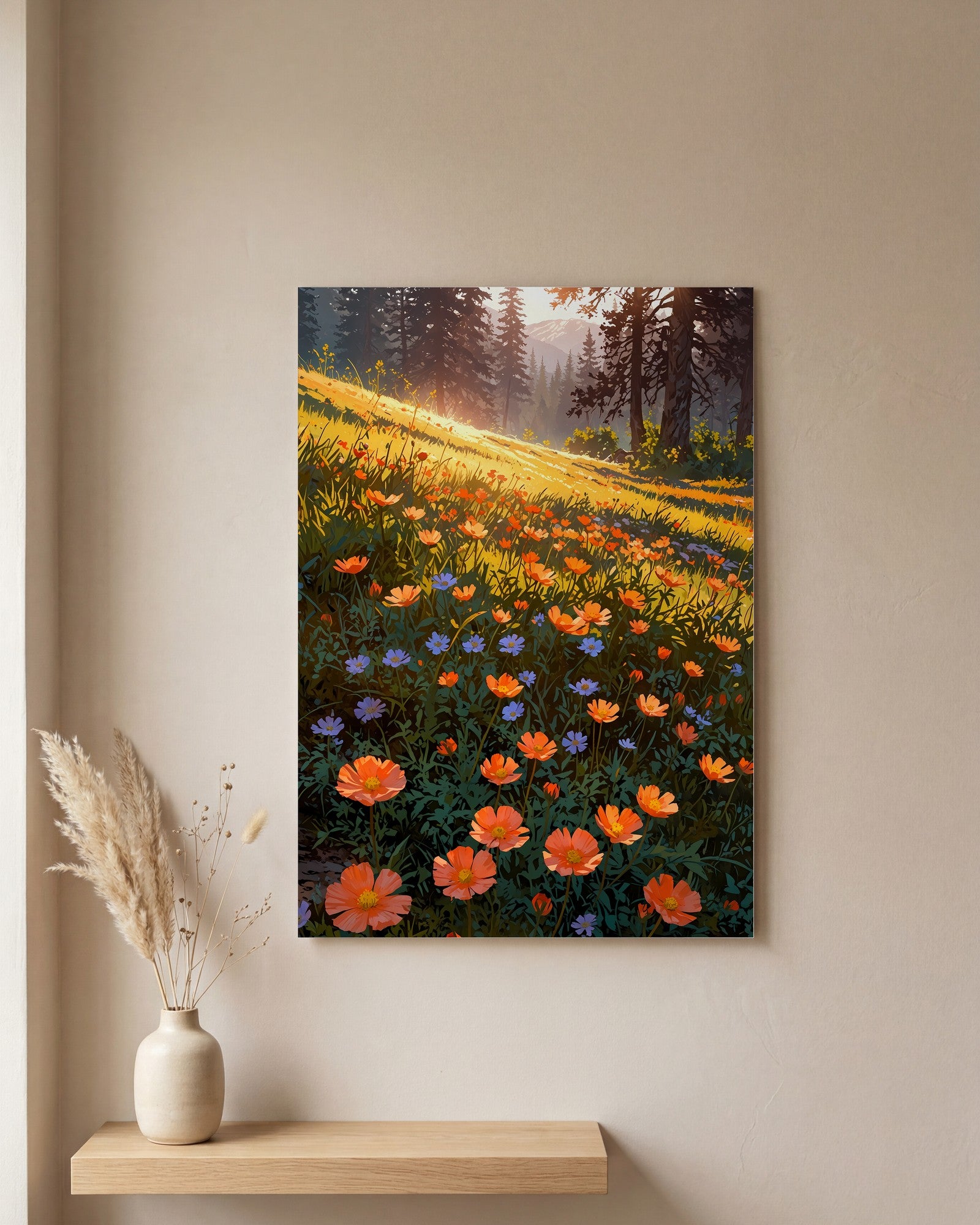 Affiche Prairie de Renoncules Orangées, mockup sur un mur epure, Muchimura