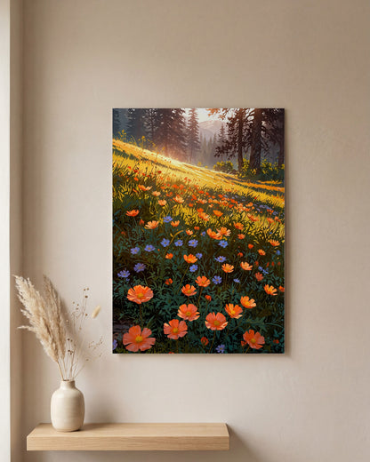 Affiche Prairie de Renoncules Orangées, mockup sur un mur epure, Muchimura