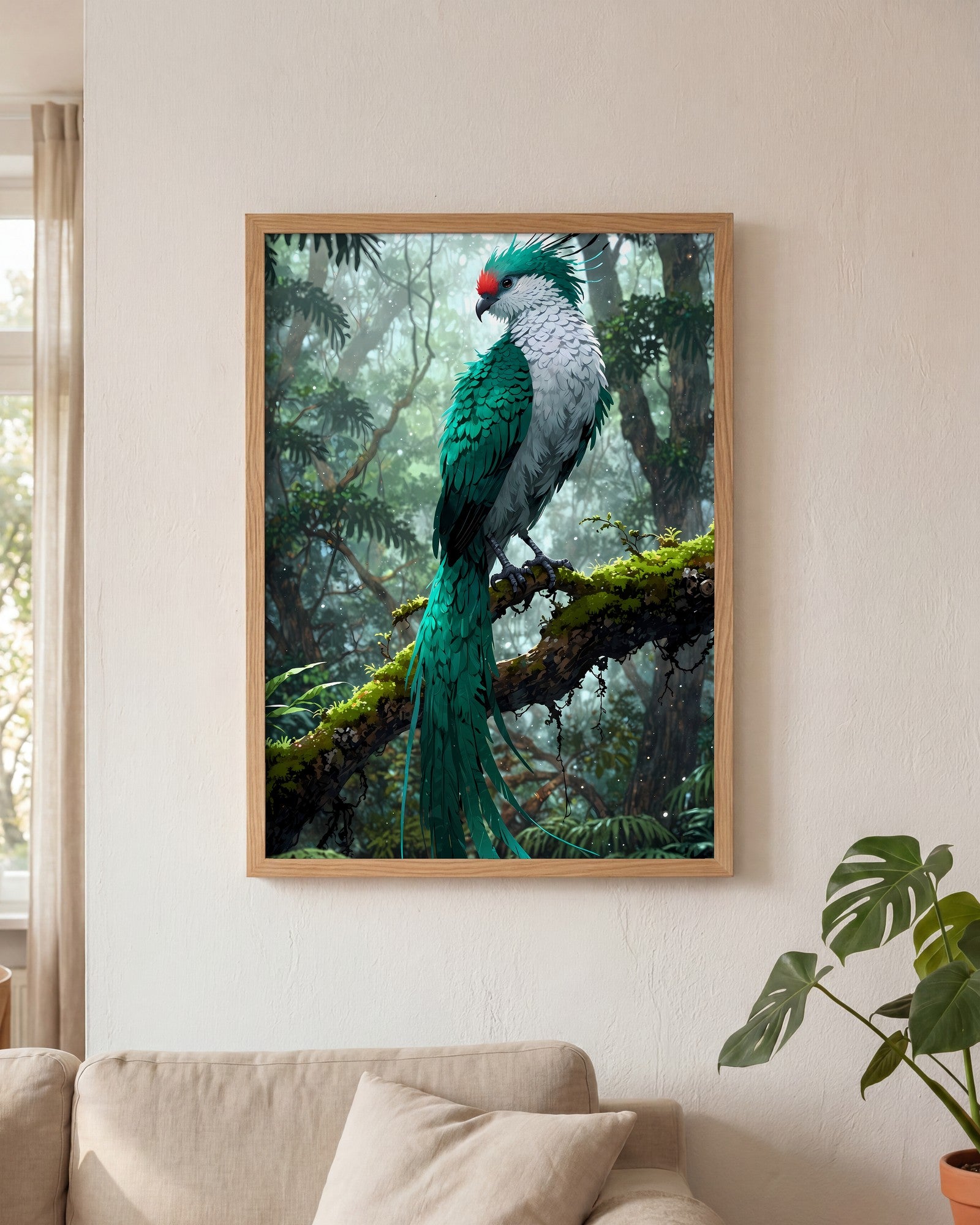 Affiche Quetzal Resplendissant Encadrée, mockup en situation dans un interieur, Muchimura