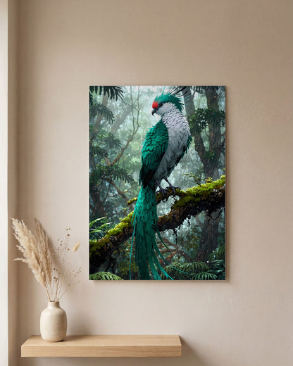 Affiche Quetzal Resplendissant, mockup sur un mur epure, Muchimura