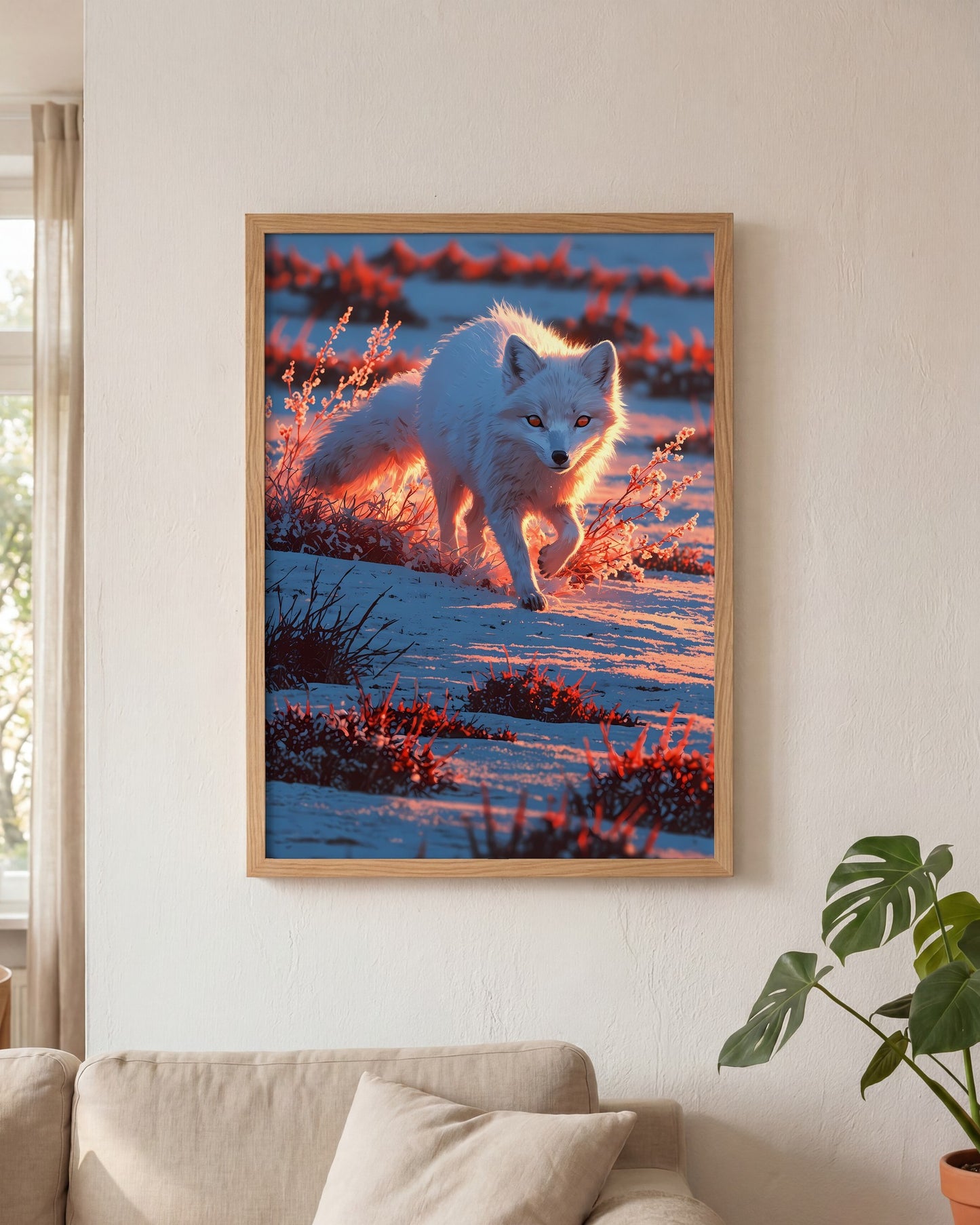 Affiche Renard arctique Encadrée, mockup en situation dans un interieur, Muchimura