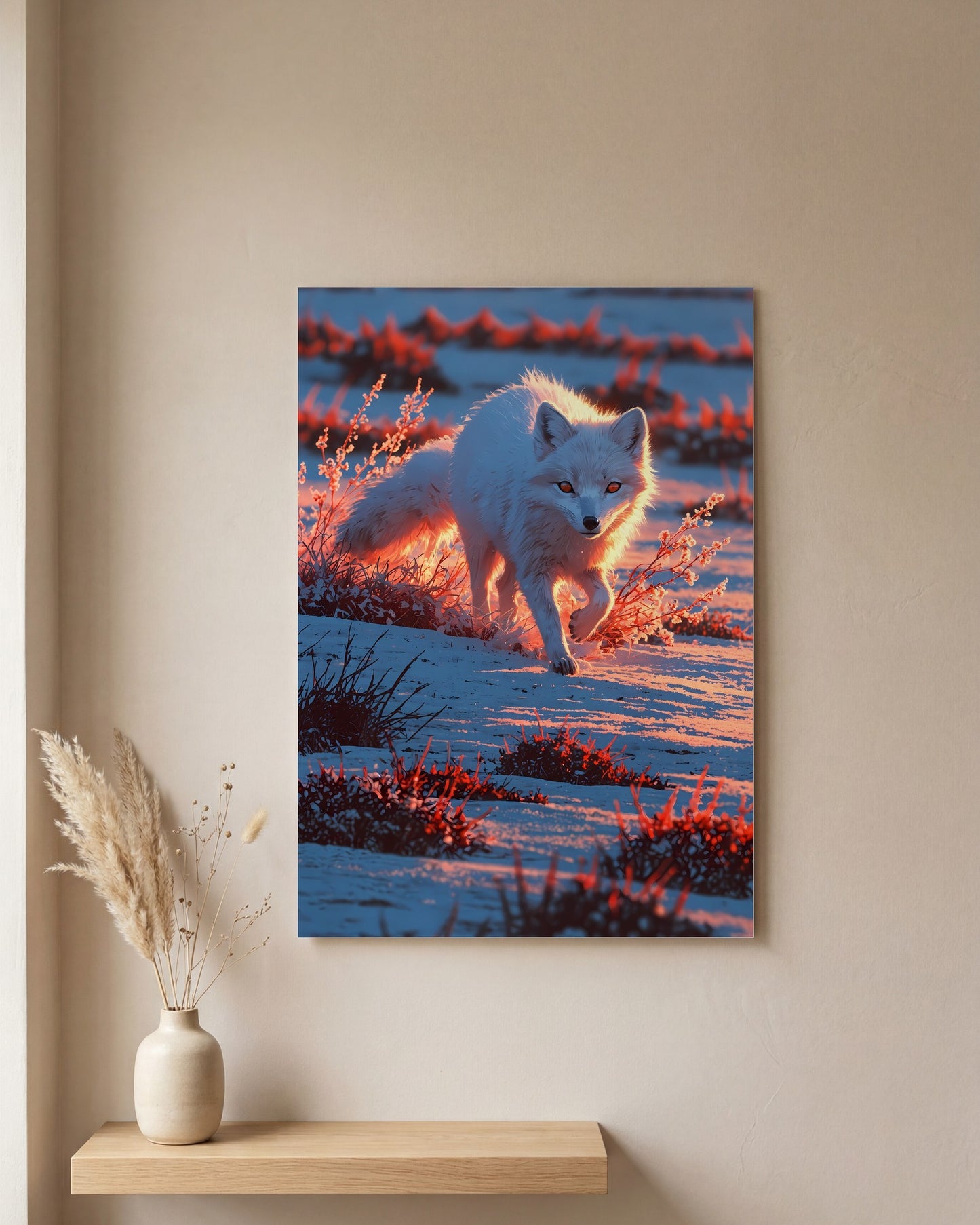 Affiche Renard Arctique, mockup sur un mur epure, Muchimura