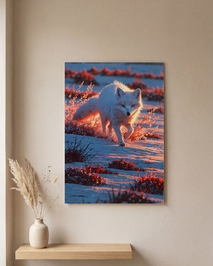 Affiche Renard Arctique, mockup sur un mur epure, Muchimura