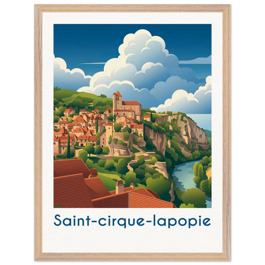 Affiche Saint-Cirq-Lapopie - Encadrée, cadre bois 45x60 cm