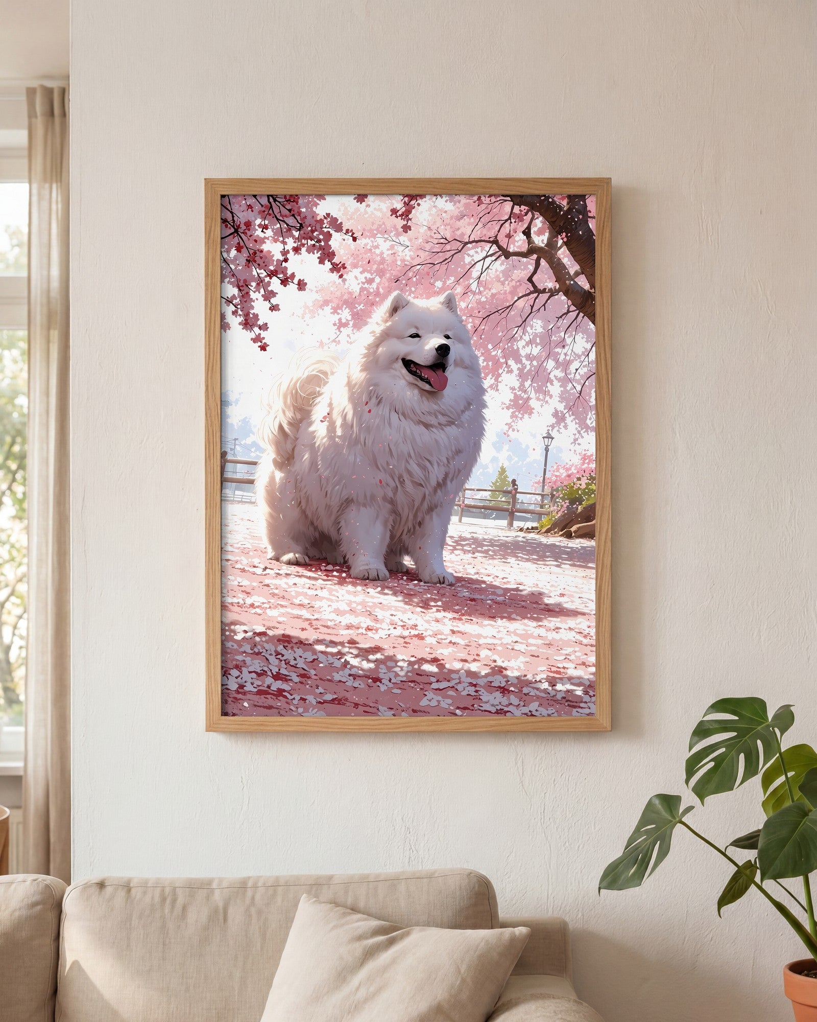 Affiche Samoyède blanc Encadrée, mockup en situation dans un interieur, Muchimura