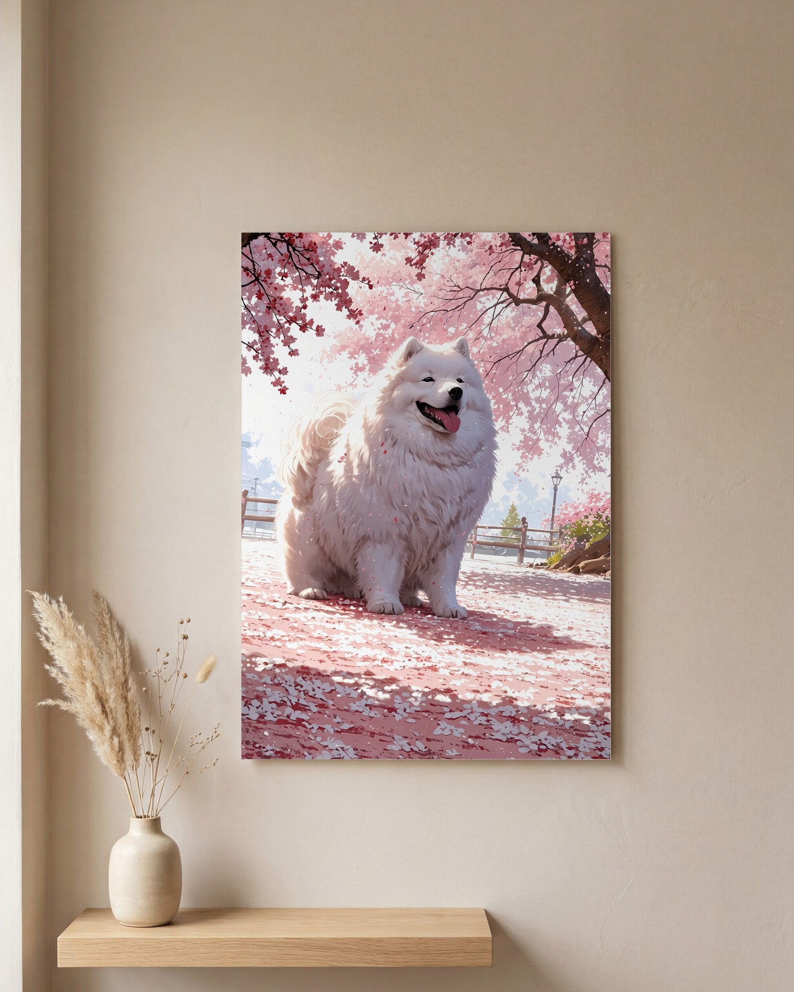 Affiche Samoyède Blanc, mockup sur un mur epure, Muchimura