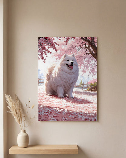 Affiche Samoyède Blanc, mockup sur un mur epure, Muchimura