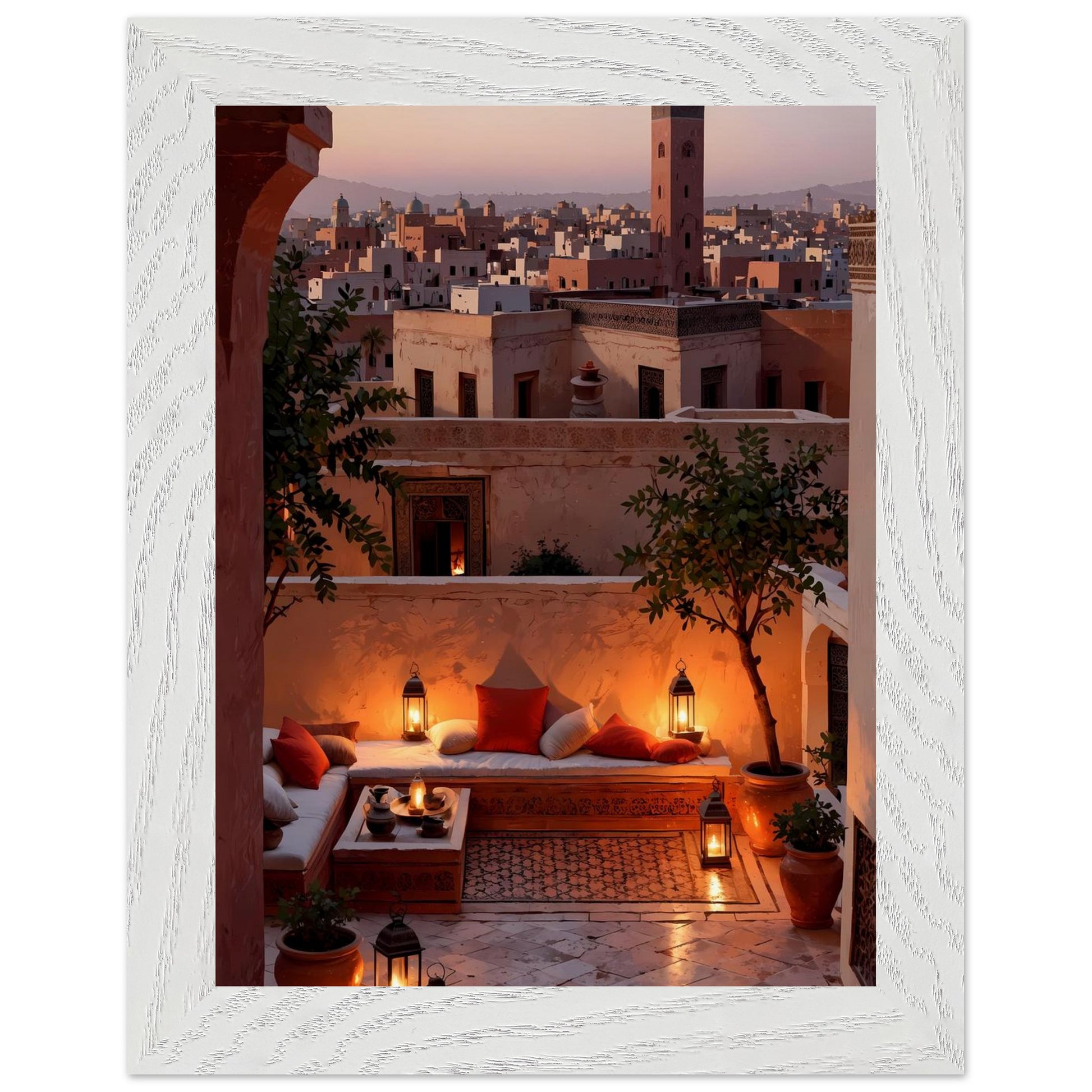 Affiche Terrasse de Riad Encadrée, cadre blanc 15x20 cm