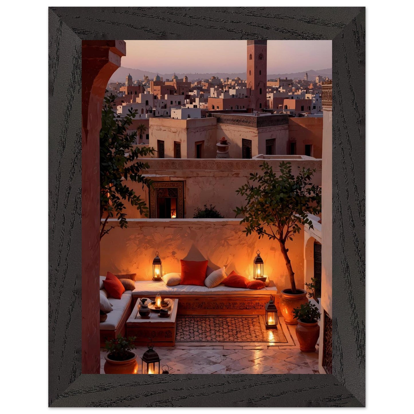 Affiche Terrasse de Riad Encadrée, cadre noir 15x20 cm
