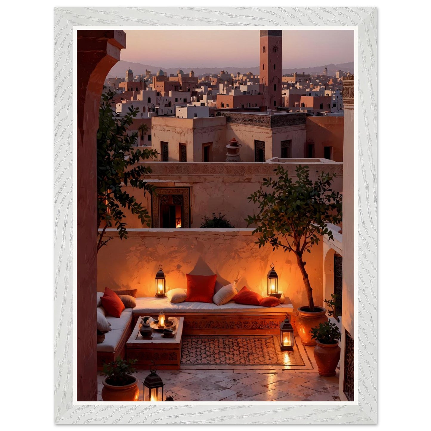 Affiche Terrasse de Riad Encadrée, cadre blanc 30x40 cm