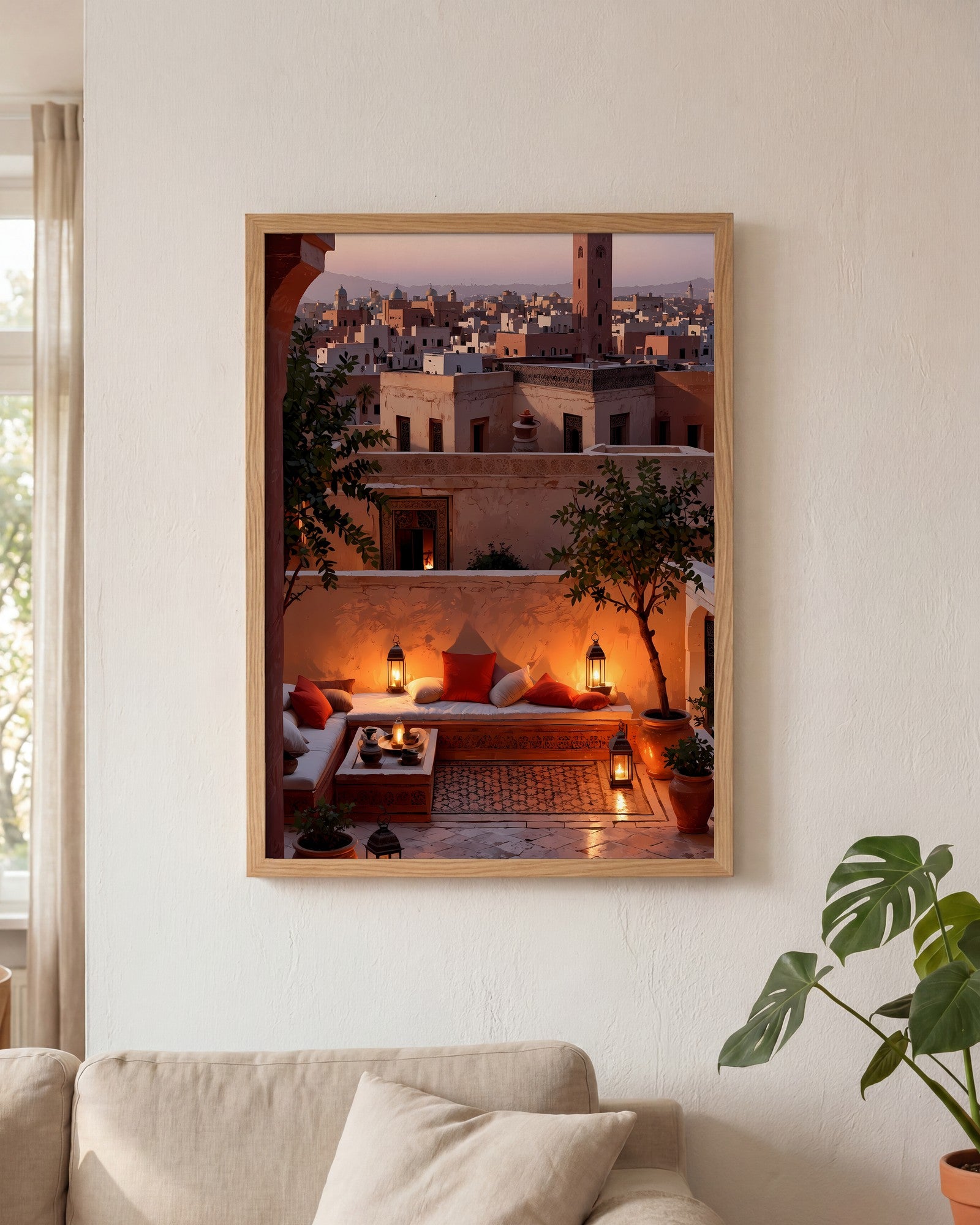 Affiche Terrasse de Riad Encadrée, mockup en situation dans un interieur, Muchimura