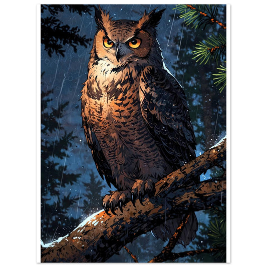 Hibou grand-duc, Forêt de pins, Pluie nocturne et lune – affiche d'art décoratif, poster mural | Muchimura