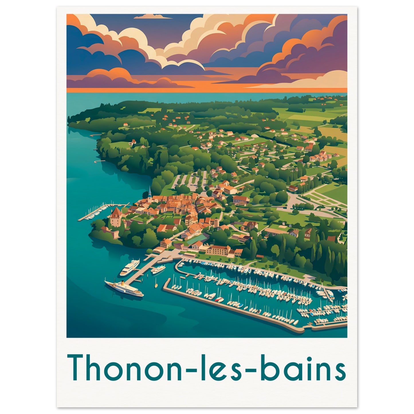 Affiche illustrée Thonon-les-Bains — poster rétro, impression beaux-arts 250g
