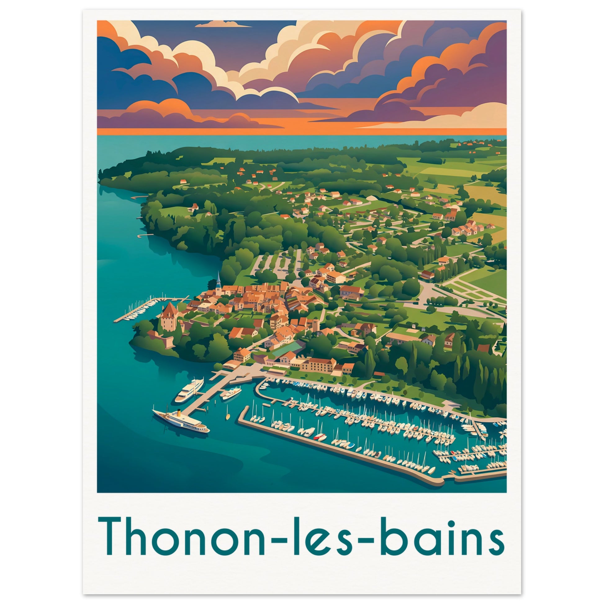 Affiche illustrée Thonon-les-Bains — poster rétro, impression beaux-arts 250g