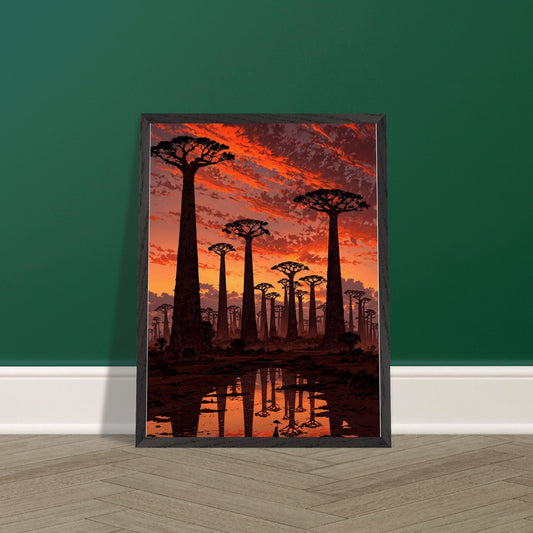 Affiche Baobabs au coucher du soleil encadrée, cadre bois
