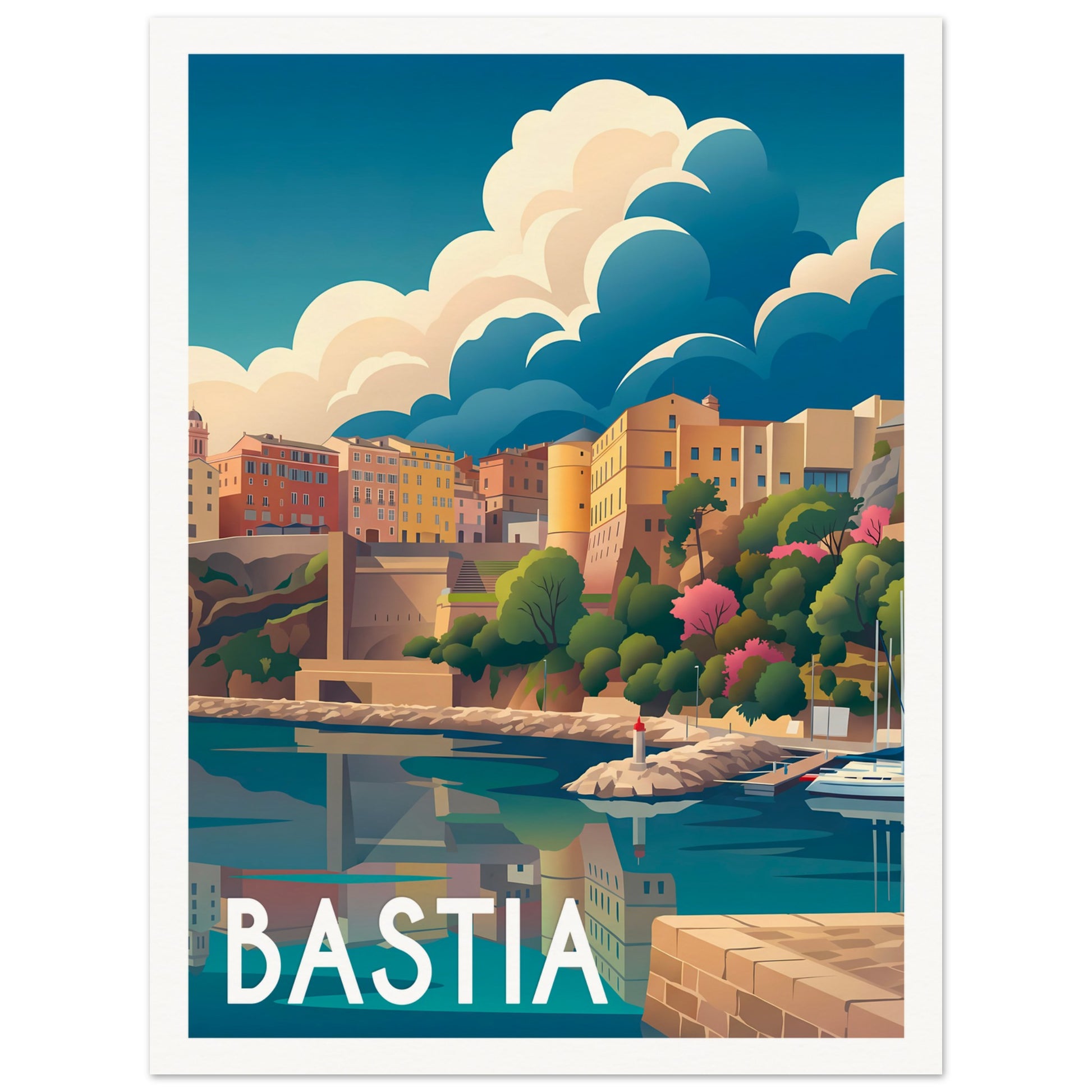 Affiche illustrée Bastia, poster rétro, impression beaux-arts 250g