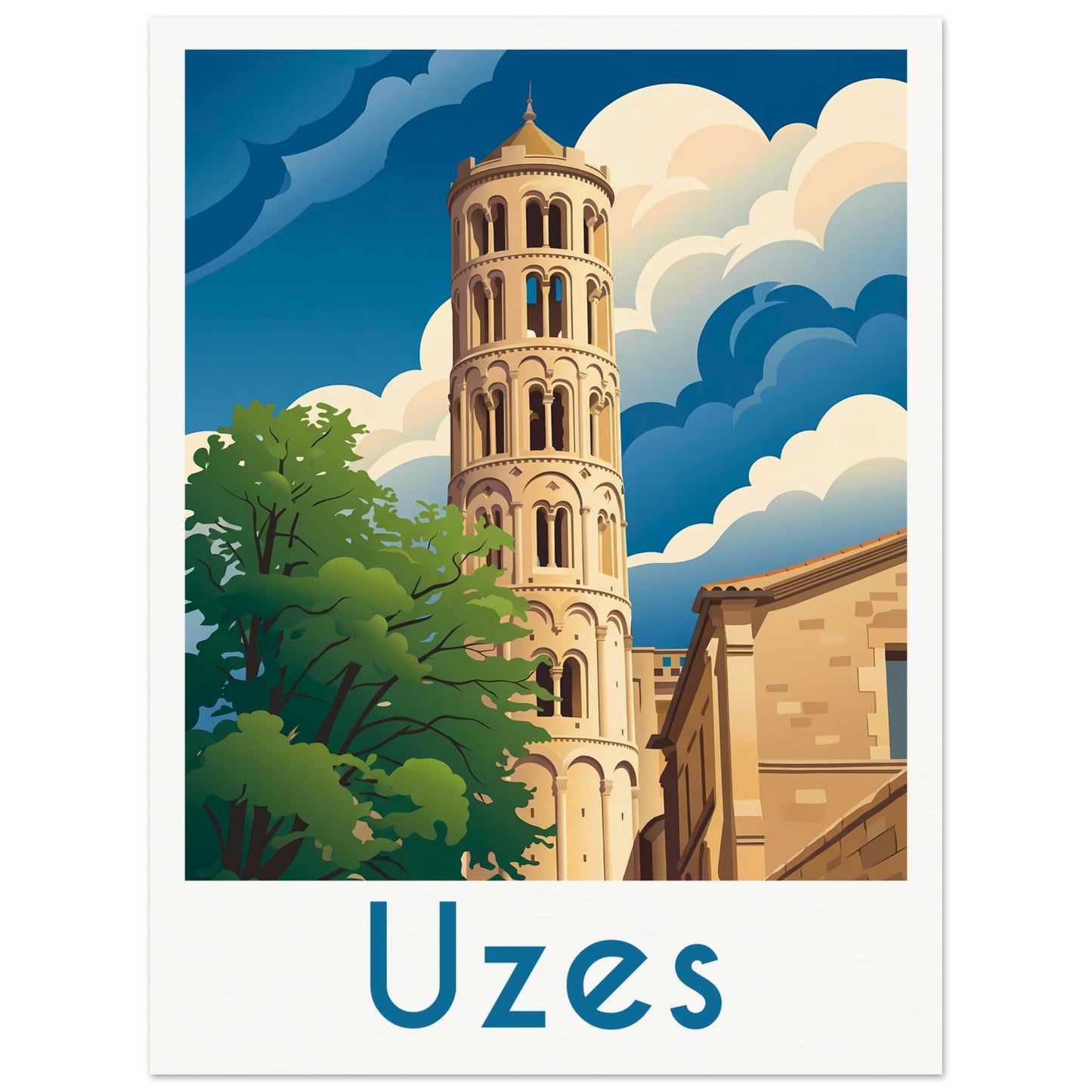 Affiche illustrée Uzes — poster rétro, impression beaux-arts 250g