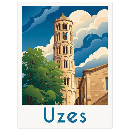 Affiche illustrée Uzes — poster rétro, impression beaux-arts 250g