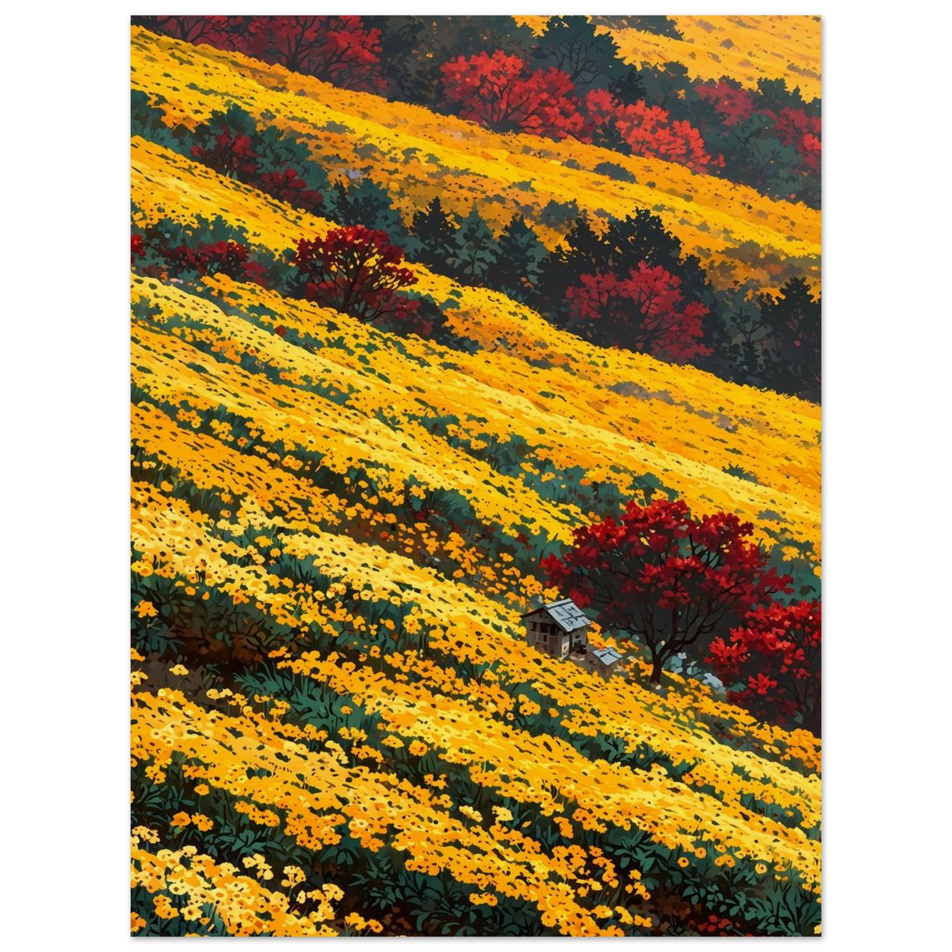 Affiche illustrée Champ de chrysanthèmes jaunes — poster rétro, impression beaux-arts 250g