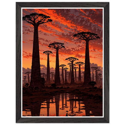 Affiche illustrée Baobabs au coucher du soleil Encadrée — poster rétro, impression beaux-arts 250g