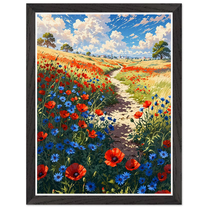 Affiche illustrée Champ de pavots et bleuets Encadrée — poster rétro, impression beaux-arts 250g